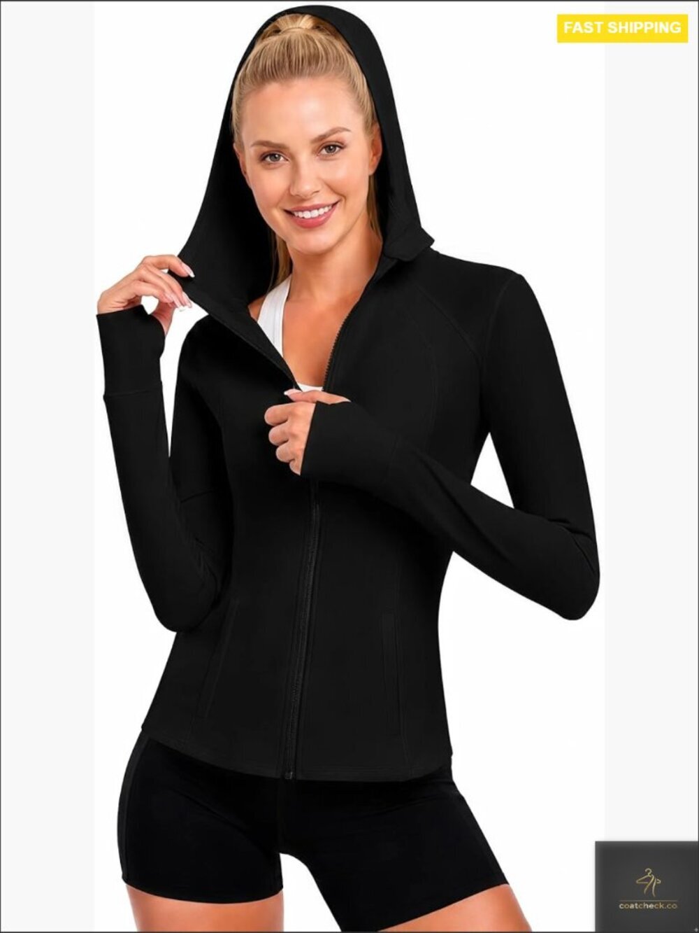 Hooded Full Zip Athletic Workout Jacket with Pockets and Thumb Holes